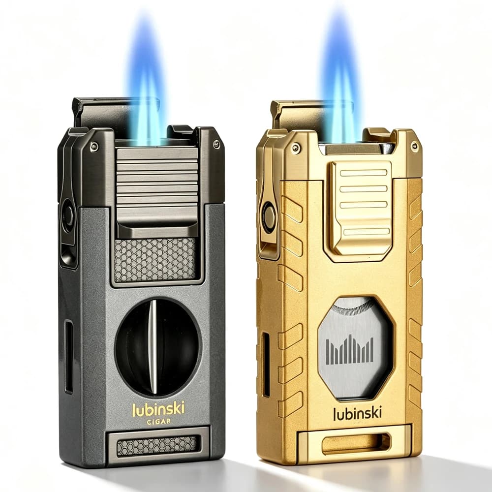 LUBINSKI Fire Torch Lighter Cigar V Cutter Punch Metal Butane Gas Cigar Lighters With Needles Dredge Cigar