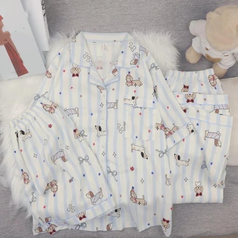 Striped Dog 3PCS Women's Pajamas Set Summer Soft Casual Pajamas Set for Women Korean Style Sweet Cute Sleepwear Loungewear