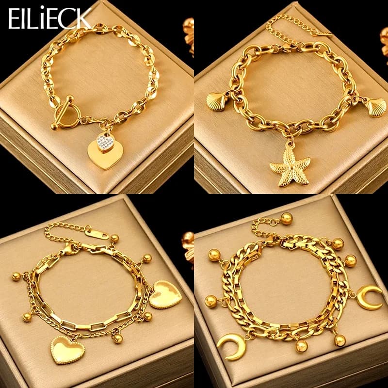 EILIECK 316L Stainless Steel Gold Color Starfish Moon Star Charm Bracelet For Women New Trendy Wrist Chain Jewelry Gift Party
