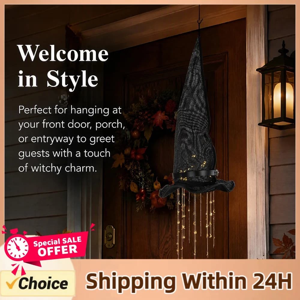 Witch Hat Hanging Wind Chime with LED Warm Light Halloween Indoor Outdoor Porch Door Party Decor