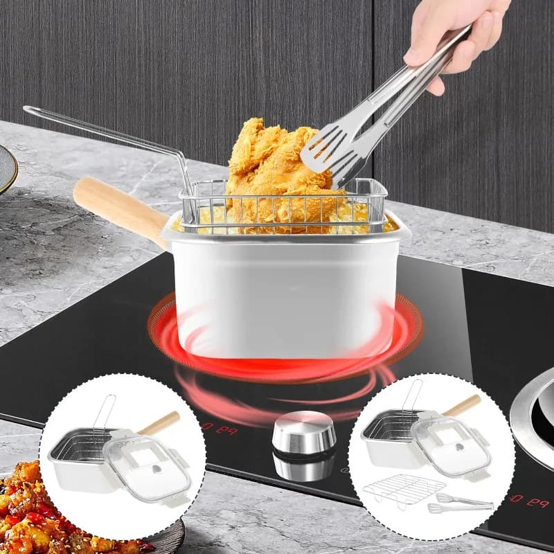 Pentola per friggitrice Padella in acciaio inossidabile Padella quadrata salvaspazio con cestello e manico Friggitrice versatile con coperchio