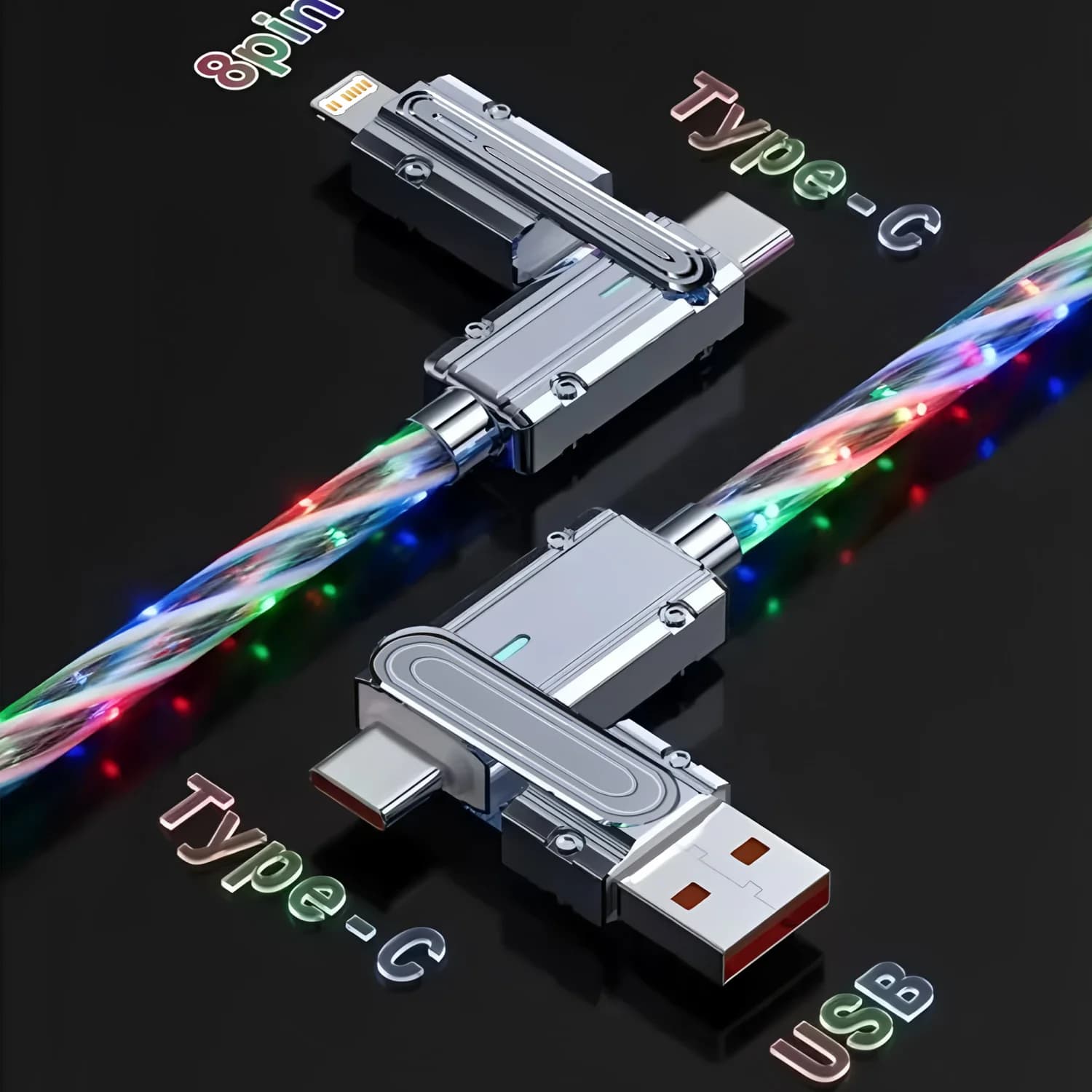 LED luminoso 4 IN 1 Cavo USB tipo C per iPhone Xiaomi Samsung Flowing Starlight Caricatore rapido Cavo dati Mech Cavo PD luminoso