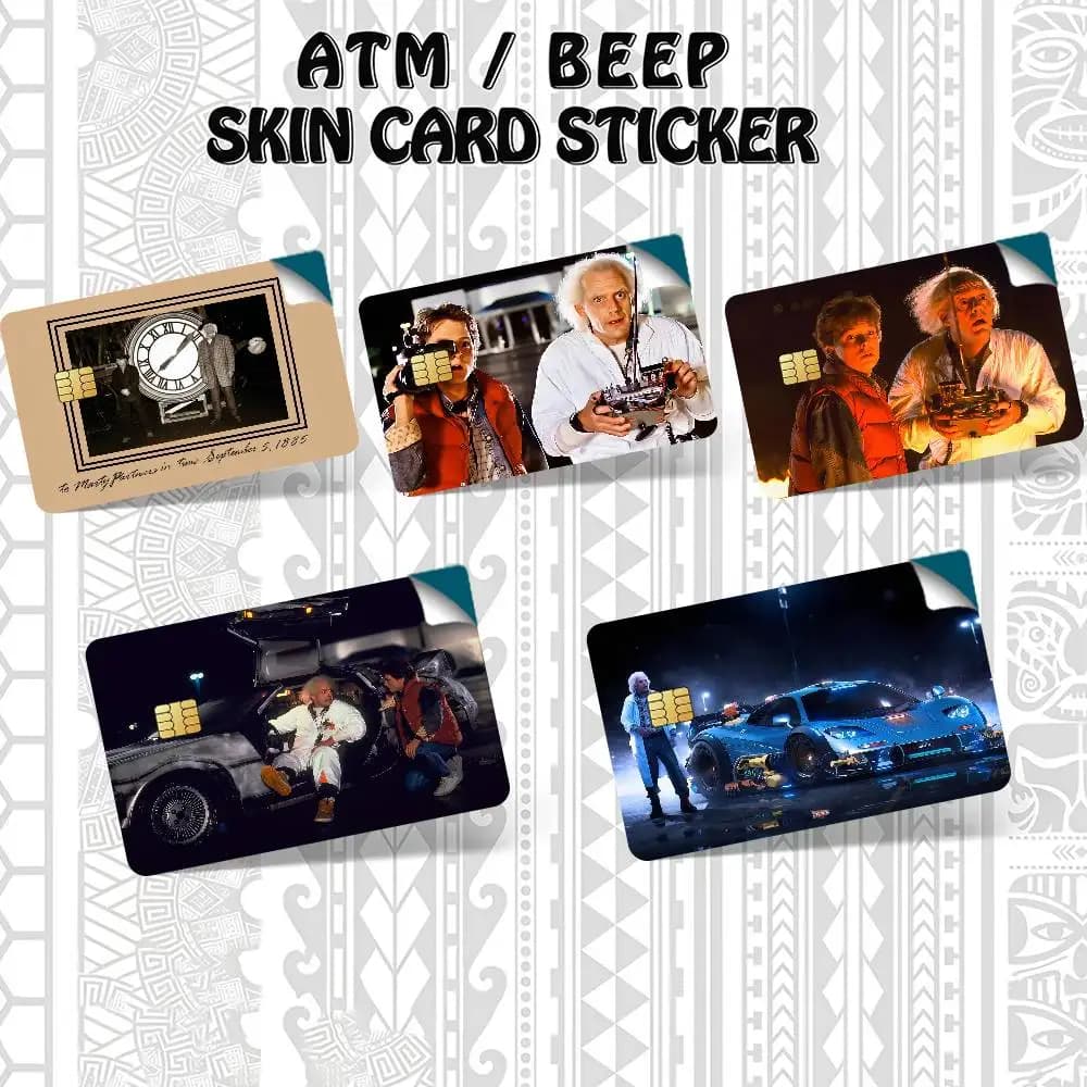 Set of 4 Decorative Waterproof Stickers Inspired by 'Return to the Future' with Marty and Doc, for Credit Cards and Weaving