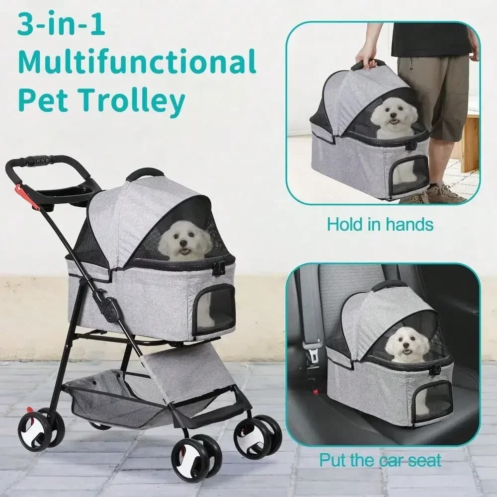 Passeggino per animali pieghevole da viaggio con supporto staccabile 360 ° Ruote anteriori girevoli