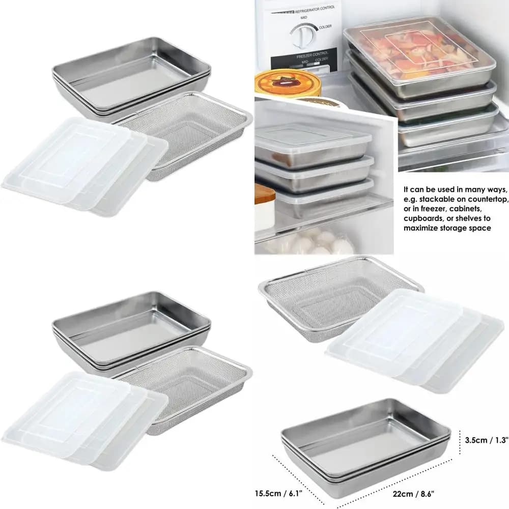 Set di 7 Contenitori Impilabili in Acciaio Inox per Alimenti con Coperchi Trasparenti e Scolapasta per Conservazione in Frigorifero e Congelatore