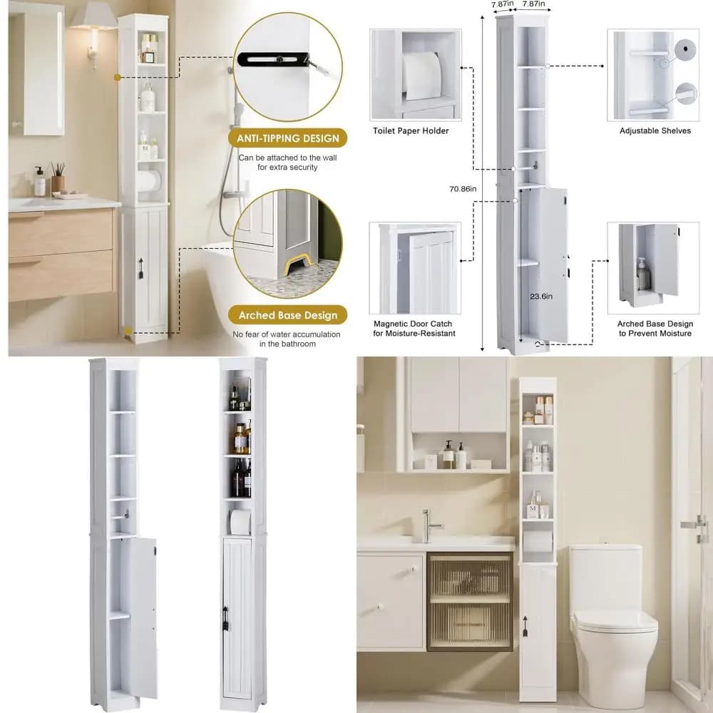 Mobiletto Alto e Stretto per Bagno Bianco Perla 71 con Ripiani Regolabili e Porta Carta Igienica per Spazi Ristretti