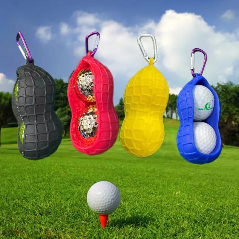 Sacca per palline da golf in silicone a forma di arachidi per 2 palline con moschettone, accessori da golf portatili attaccabili su cintura o sacca da golf