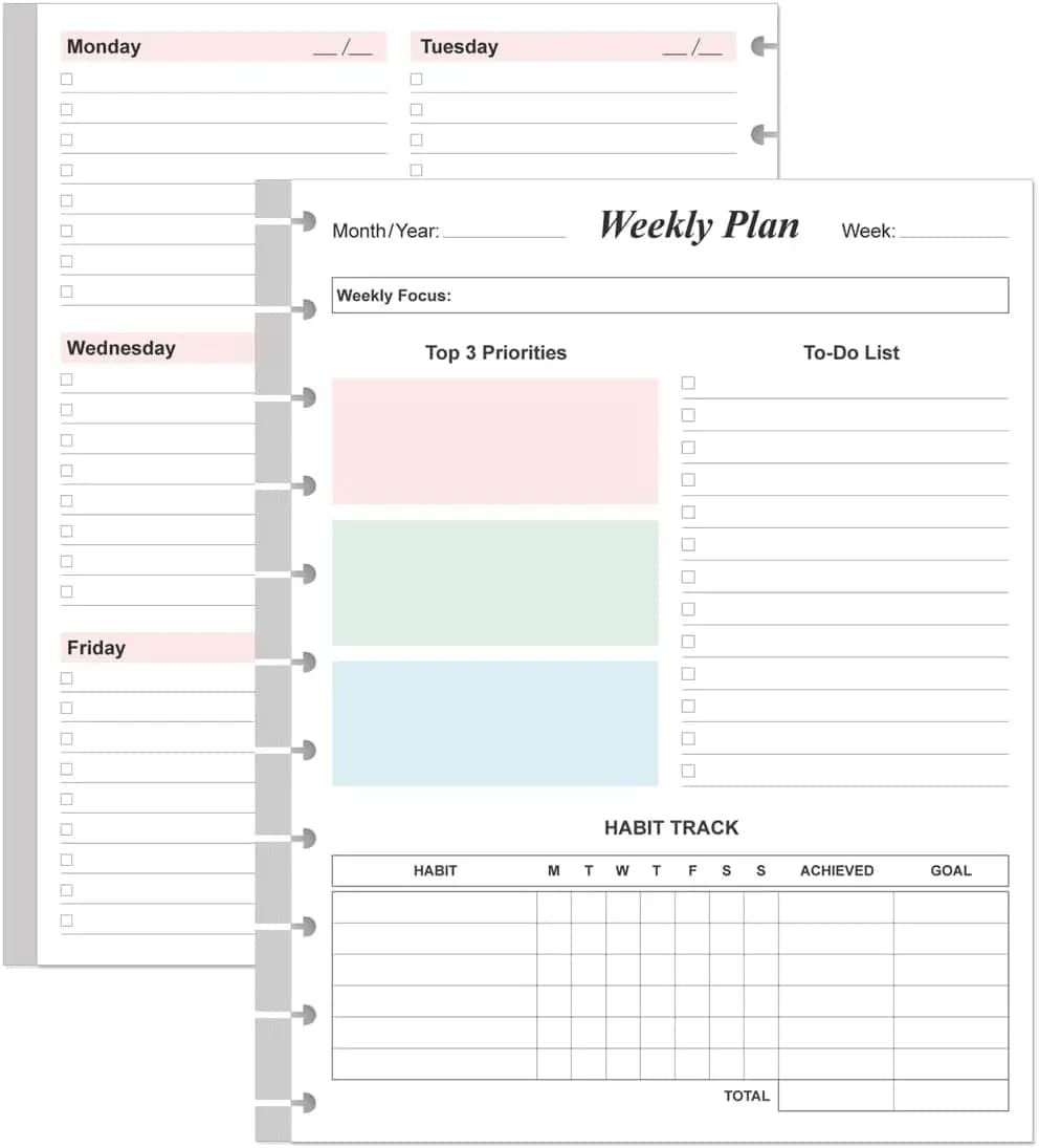 Ricariche per Planner Settimanale Senza Data - Formato Letter, 53 Fogli/106 Pagine, Colorate, 100gsm, Compatibili con Quaderni Discbound a 11 Dischi