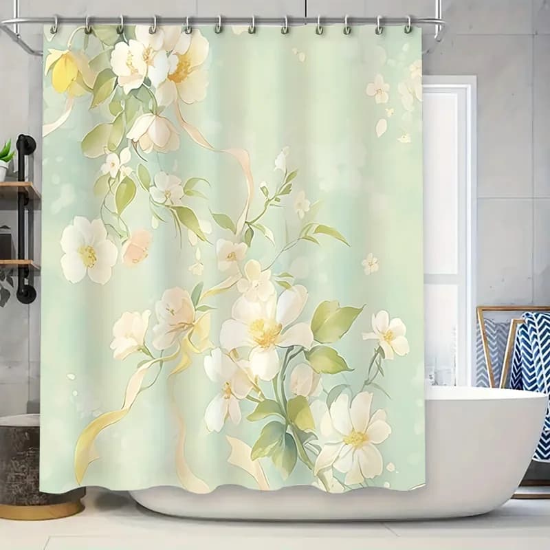 ‌ Elegante tenda da doccia floreale Fiori bianchi gialli Foglie verdi Arredamento bagno Impermeabile Resistente alla muffa Facile da pulire