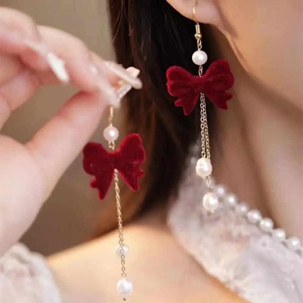 Elegant Shiny Rhinestone Dangle Earrings Pearl Red Rose Korean Style Earrings Bow Tassel Bow Stud Earrings Party