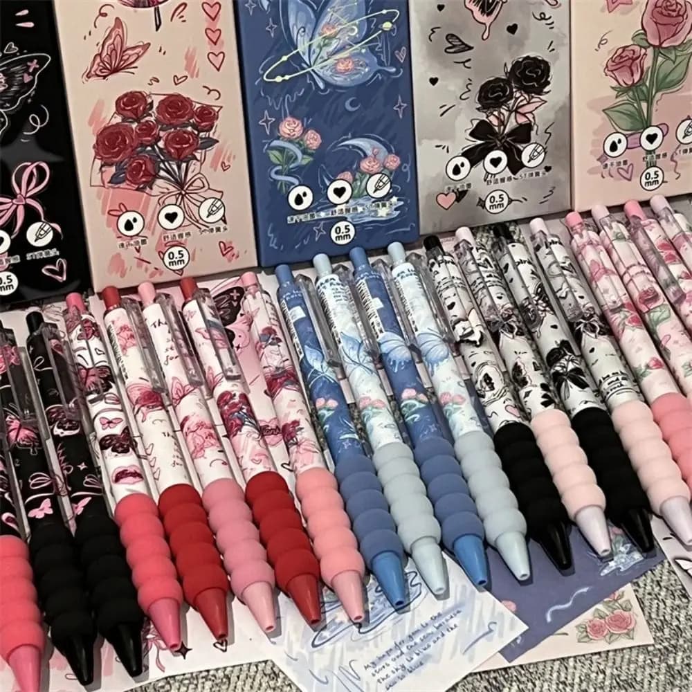 4PCS/Set ST Tip Gel Pen Press Type Soft Grip Neutral Pen Butterfly Rose Series 0.5mm Black Ink Writing Tools Student Specific