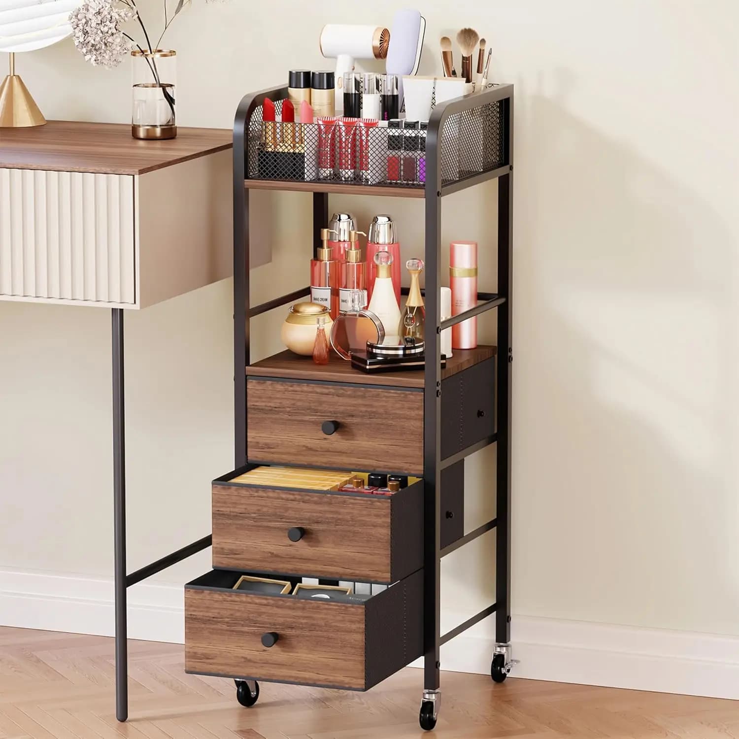 Carrello Trucco con 3 Cassetti - Organizer per Cosmetici, Profumi, Smalti e Pennelli
