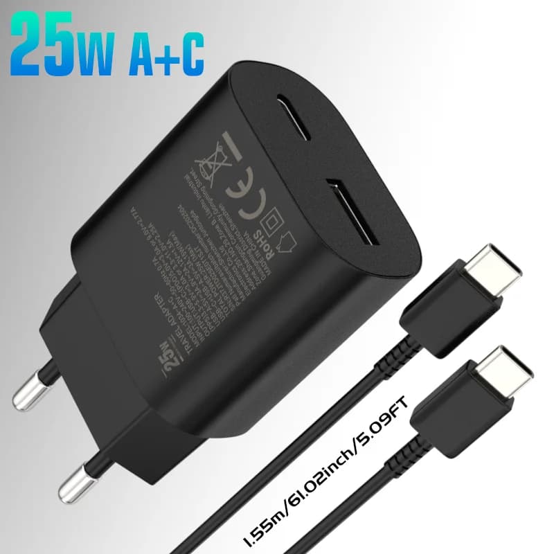 Caricabatterie rapido a doppia porta da 25 W (tipo C + porte USB-A) con cavo di ricarica da 1,55 m compatibile con Samsung S25, S24+, S24 Ultra, S23,