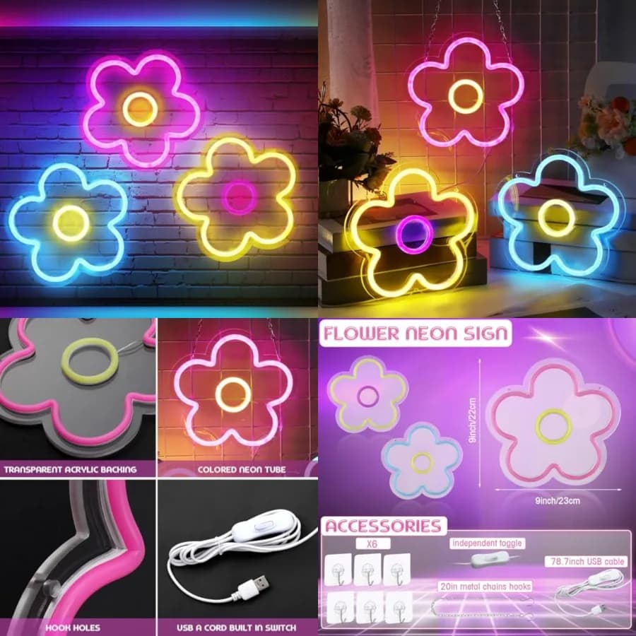 3 Pcs Flower Neon Sign Light up Flower Sign Retro Neon LED Lights USB Powered for Wall Decor Window Bedroom Home Girls Birthday