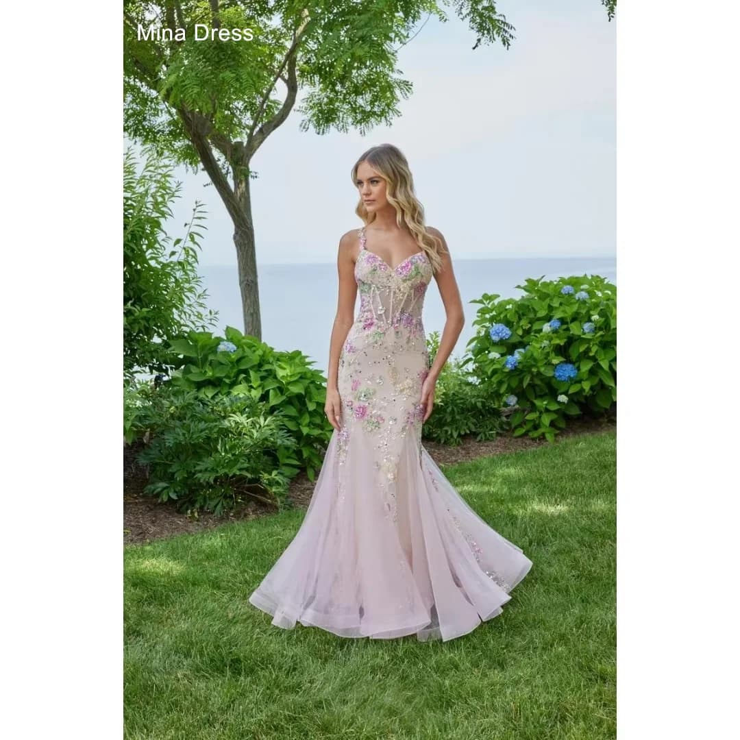 Mina Customized Pink Flower Sequin Heart Neck Sleeveless Backless Summer Woman Dress 2026 Wedding and Evening Dresses Evening