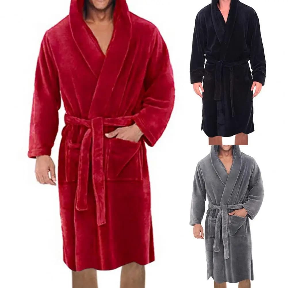 Men's Flannel Belt Bathrobe Cap Pockets Men's Warm Night Shirt Men's Bathrobe in Plush Nightwear Dresses for Home Pigiama loose Bathrobe