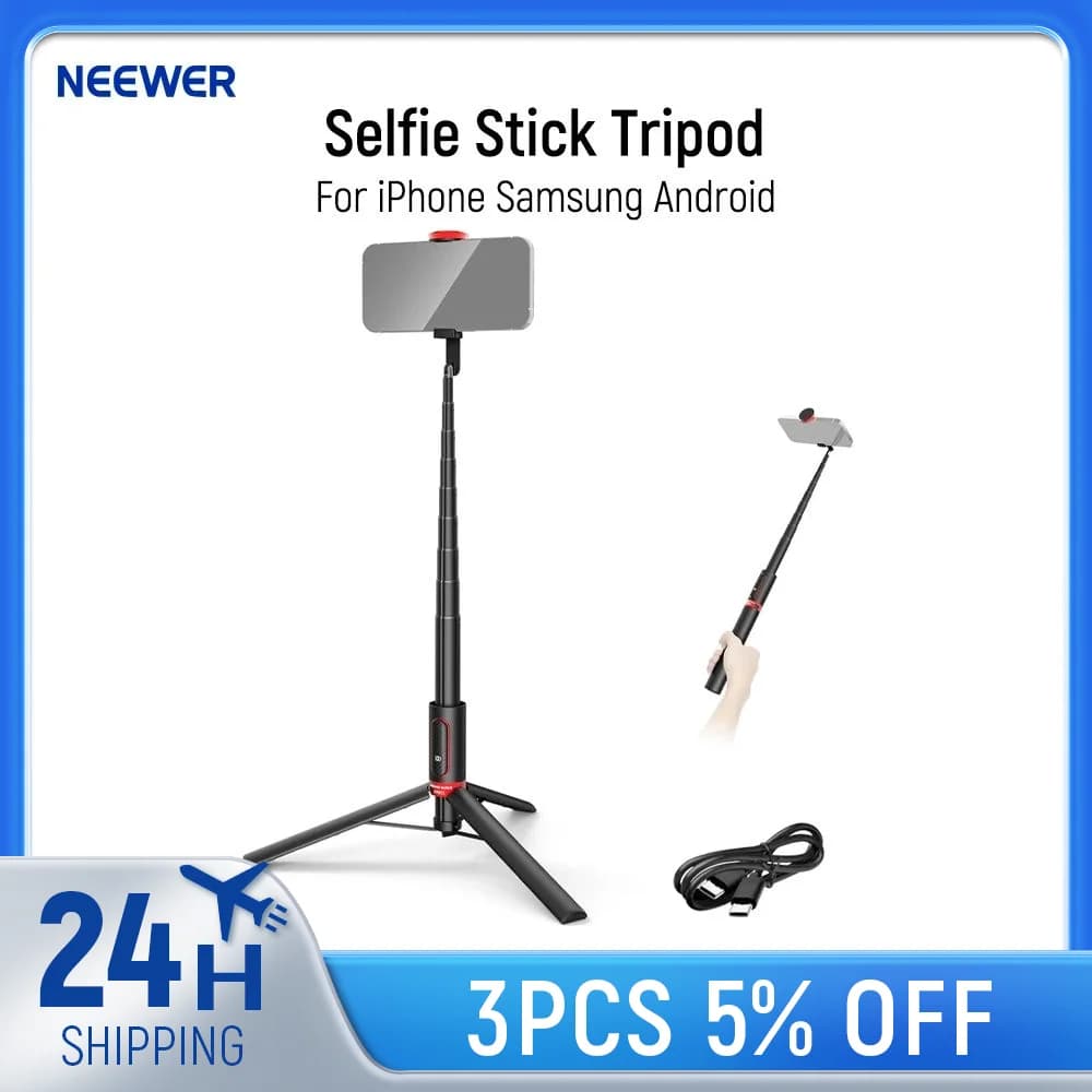 NEEWER Basics PA991 Treppiede per selfie stick per iPhone Samsung Android, supporto per telefono da viaggio leggero portatile in metallo da 57,9 pollici