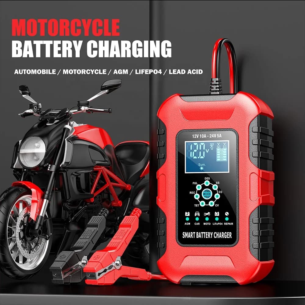 Caricabatterie universale per auto FOXSUR FBC122410D Smart 12V/10A 24V/5A, tester di tensione per batterie auto