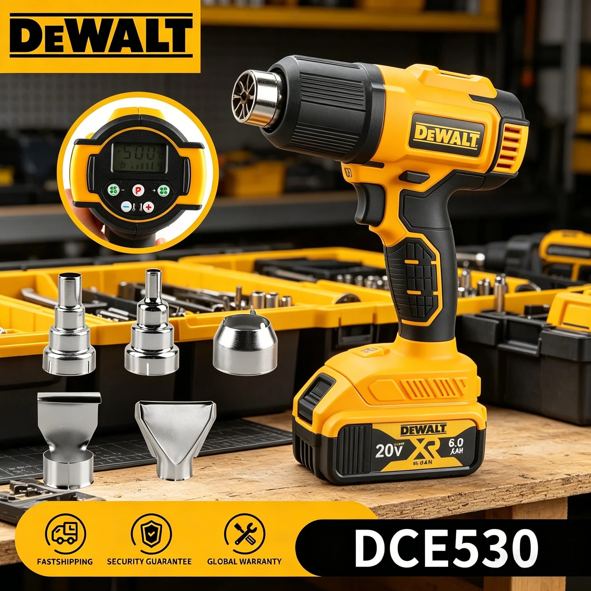 DEWALT DCE530N Pistola Termica a Batteria (Solo Corpo Macchina) per Termoretrazione, Soffiatore Elettrico Industriale ad Aria Calda