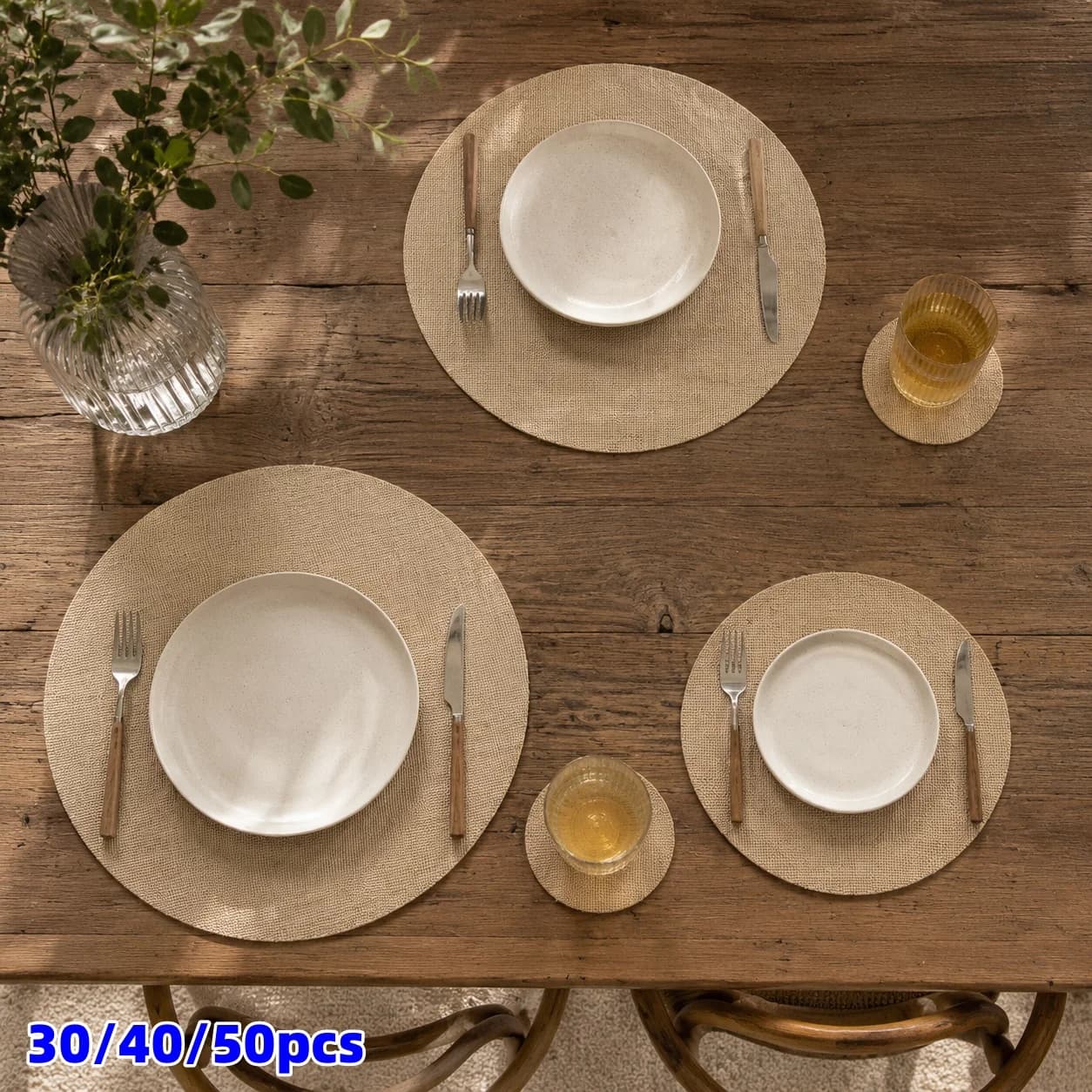 30/40/50pcs country jute placemats and coasters 14.96 in /11.81 in /3.93 in are suitable for wedding banquets and parties