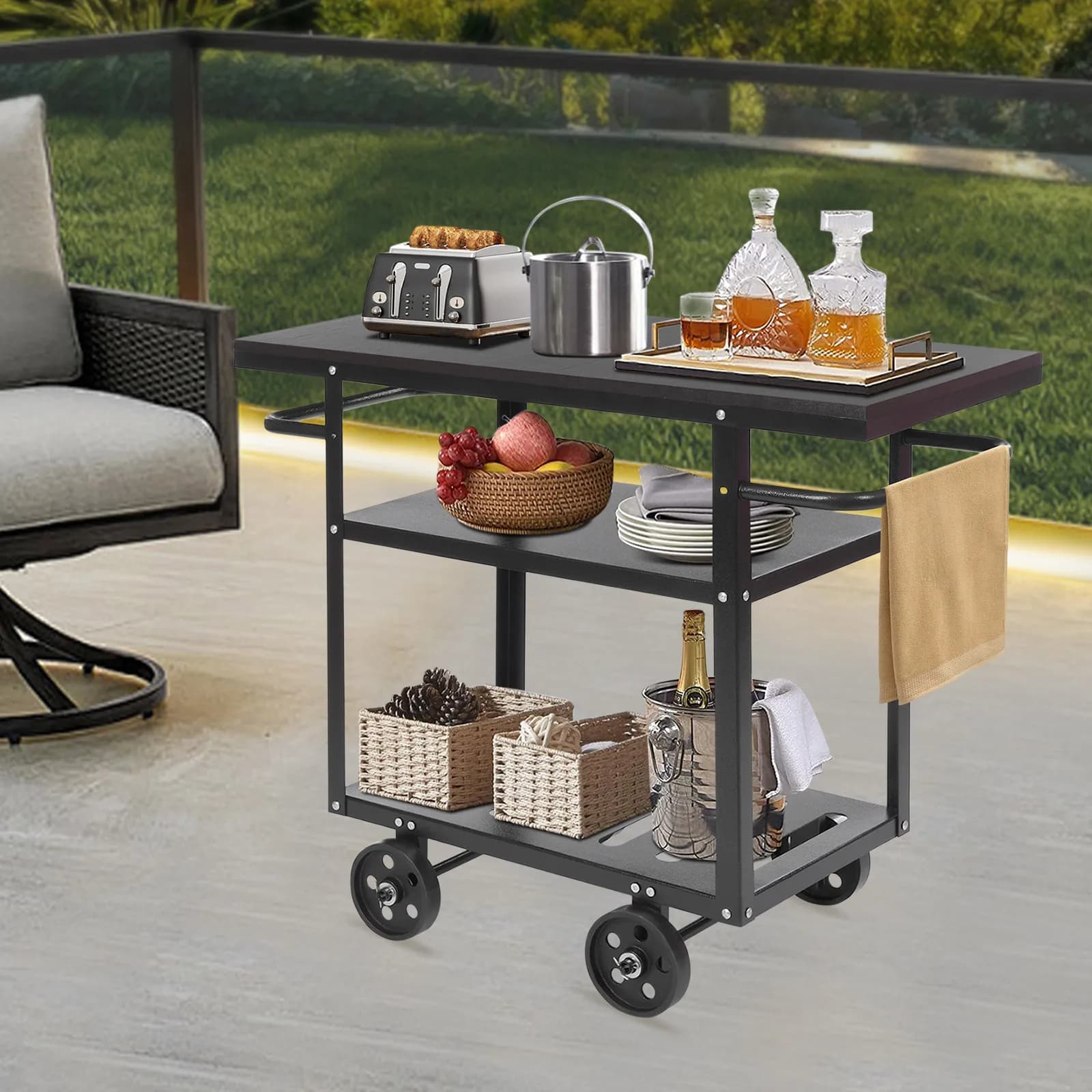 Carrello Bar con Ruote in Truciolato e Acciaio al Carbonio Verniciato a Polvere ad Alta Temperatura, Carrello da Cucina a 3 Ripiani per Stoccaggio e Servizio