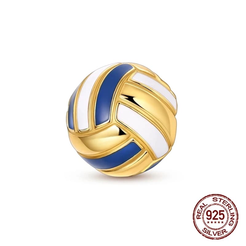 Sterling 925 Sterling Silver Balloon Shape Charm with Blue and White enamel, Suitable for Bracelets, Volleyball Lovers Gift, Jewelry for Men and Women