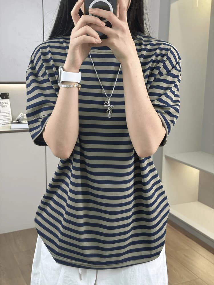Retro American Striped Short Sleeve T-Shirt Ice Silk Cool Feeling Thin Loose Summer Youth Fashion Breathable Couple Tops