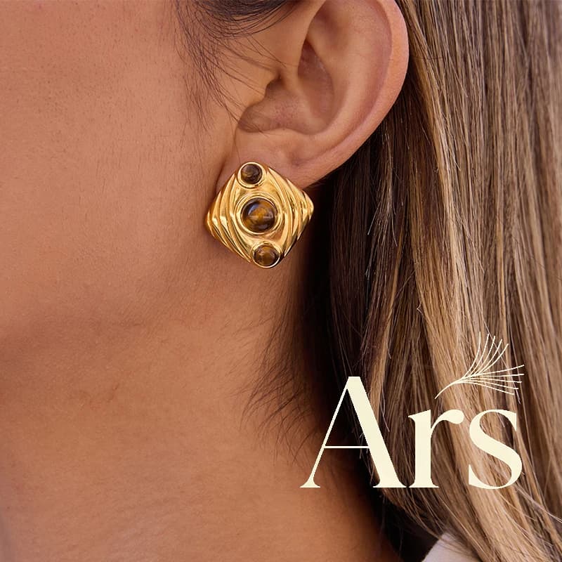 Ars Stainless Steel Earring with Tiger’s Eye Stone for Women Imitation Pearl Stud Earrings 18K Gold Plated Statement Ear Studs