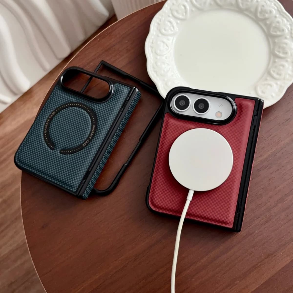 Business Luxury Leather Magnetic Wireless Charging Bumper Phone Case for IPhone Duo Fold Hinge Protection for Magsafe Cover