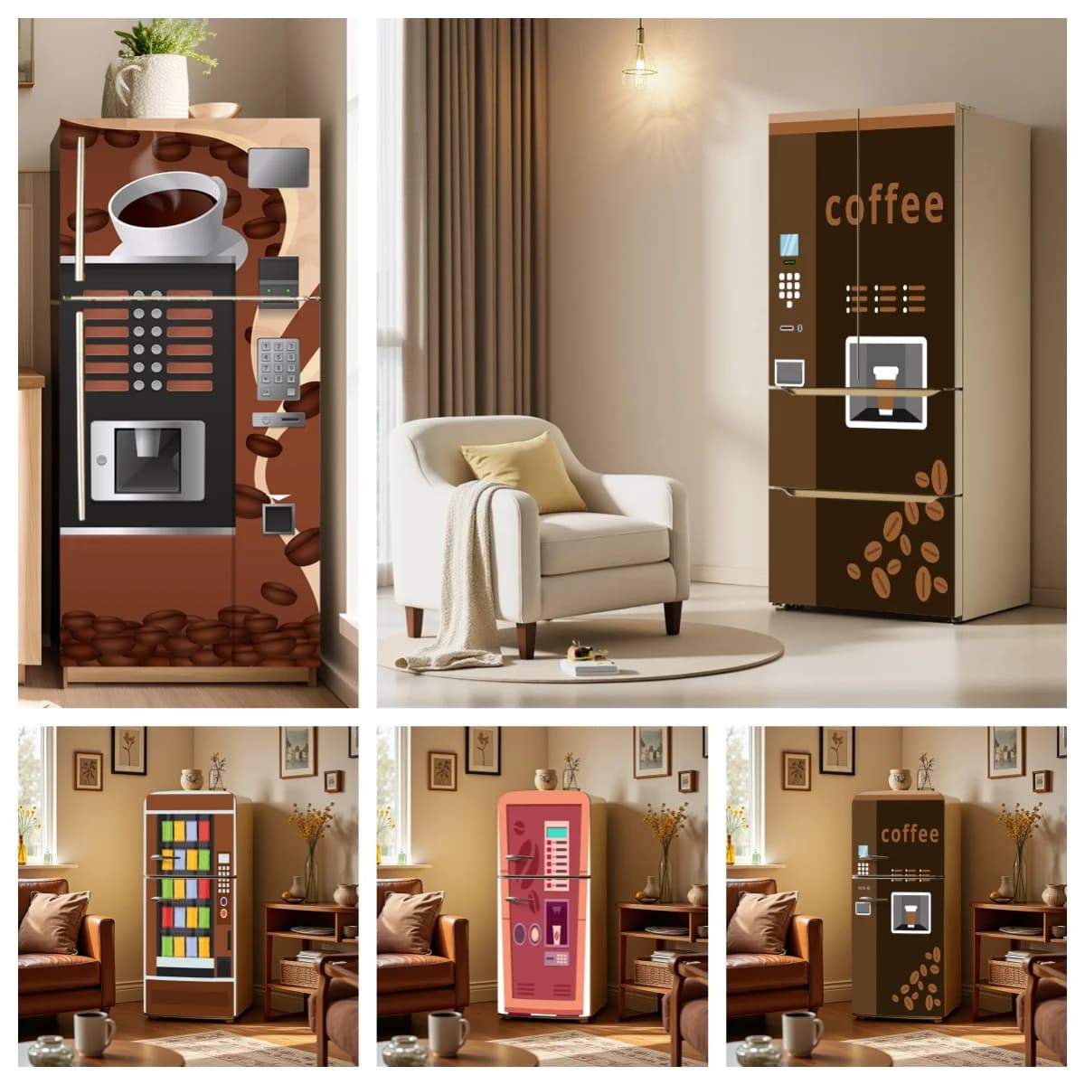 Cartoon Coffee Vending Machine Fridge Door Sticker Coffee Bean Self Adhesive Refrigerator Fridge Renovation Wallpaper Home Decor