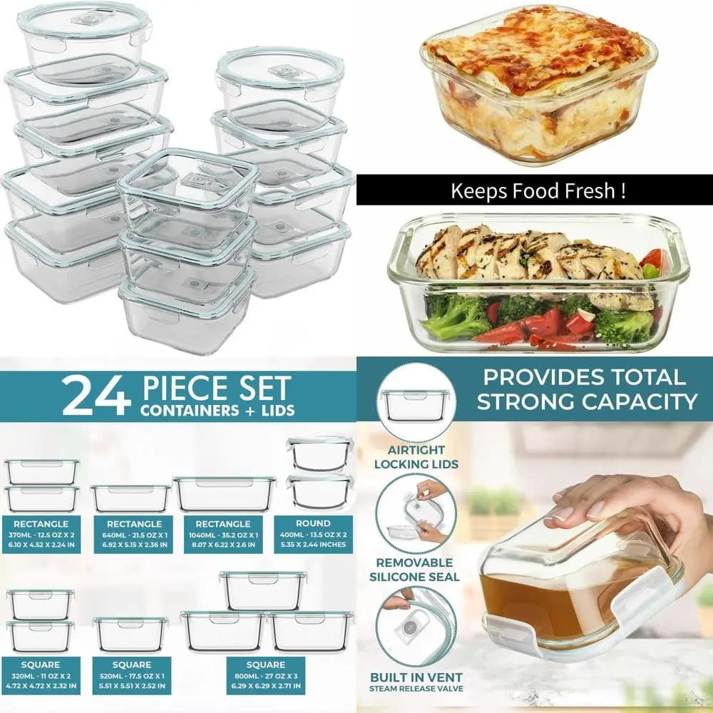 Set di 24 contenitori per la preparazione dei pasti in vetro a prova di perdite con coperchi - Cassaforte per forno e congelatore - Senza BPA, ermetici e con rilascio di vapore