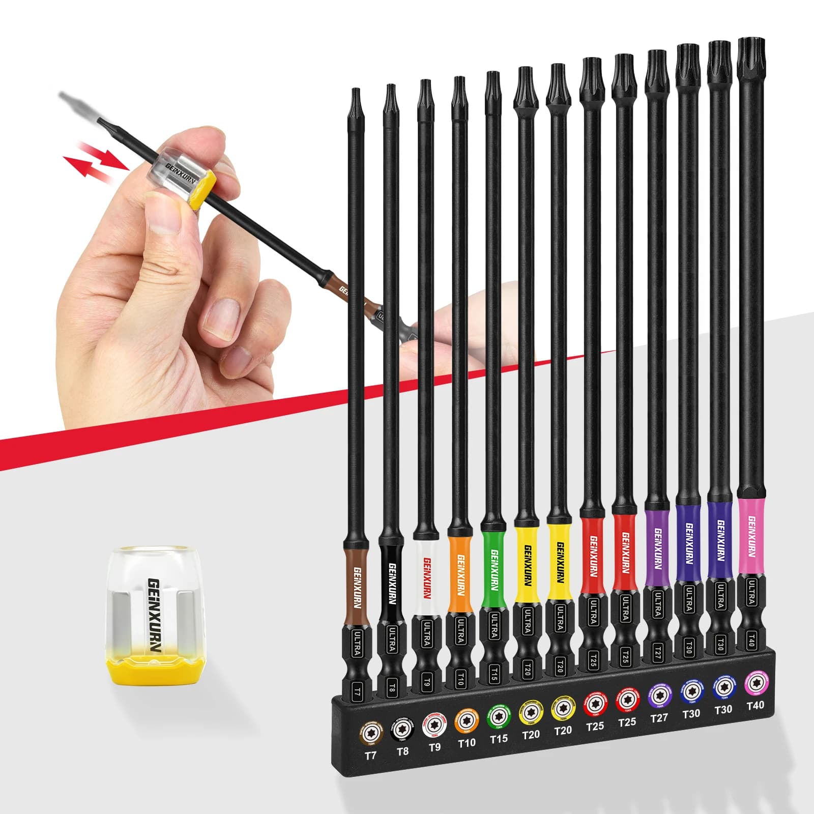 Geinxurn 6 Inches Impact Magnetic T7-T40 Torx Screwdriver Bit Set, S2 Alloy Steel Bit Set with Magnetizer/Demagnetizer and Base
