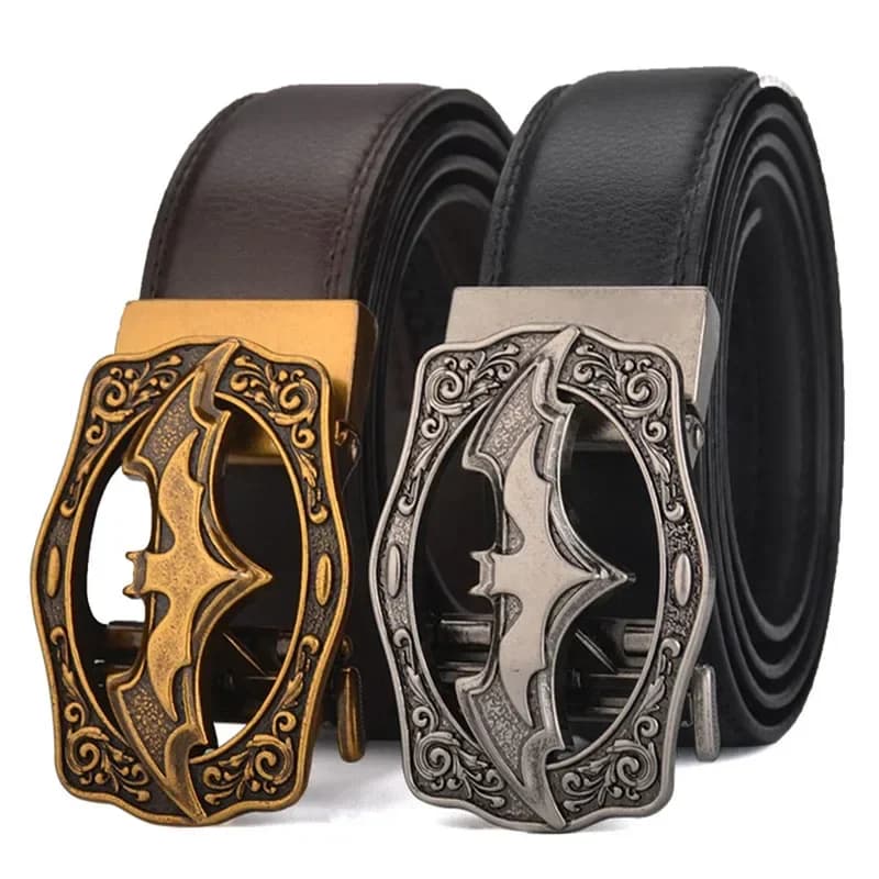 Cintura con fibbia automatica vintage pipistrello argento oro per uomo in vera pelle taglie forti grandi 130 140 150 160 170 cm cinture marroni nere 2024