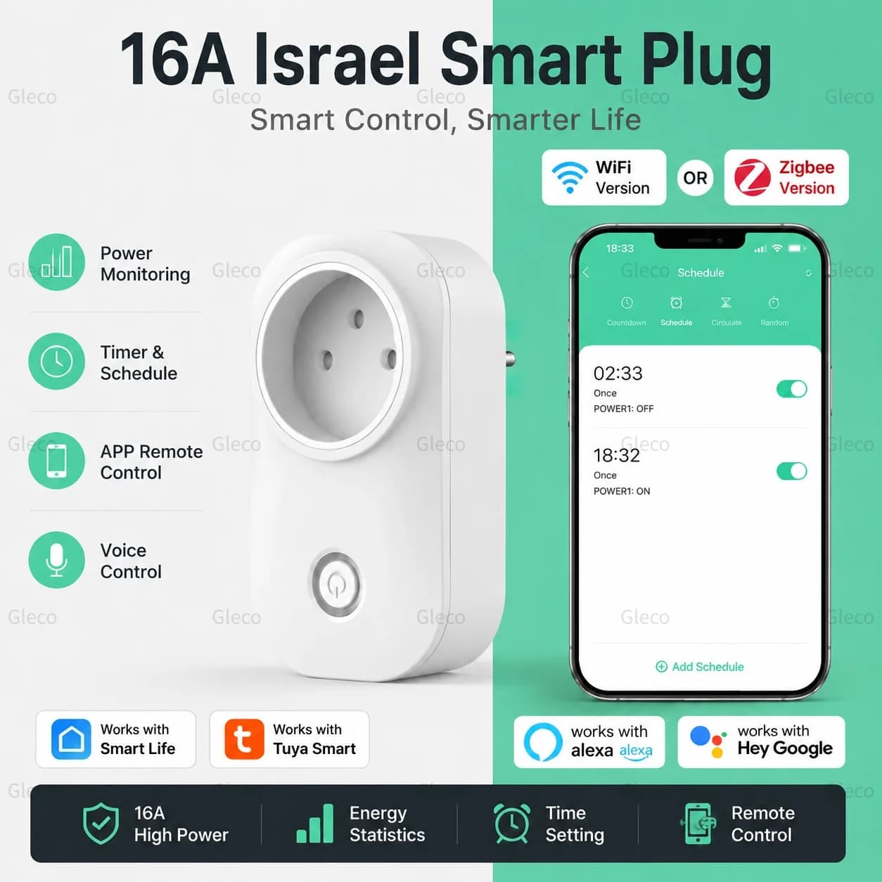Tuya Wifi Smart Plug 16A Israel Socket Zigbee Light Switch Home Automation Power Meter Timer Outlet For Alexa Google Smart Life