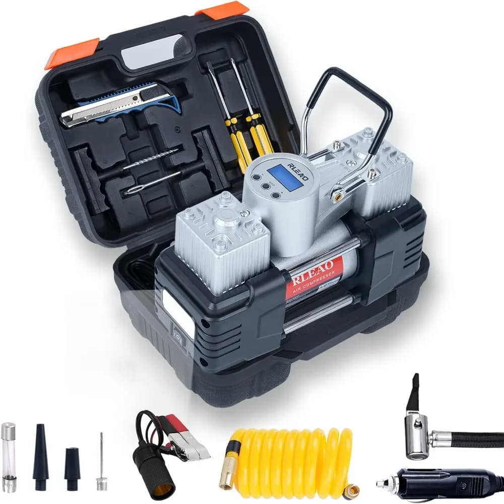 Kit compressore d'aria portatile per carichi pesanti Gonfiatore per pneumatici per auto con custodia rigida e strumenti automobilistici, spegnimento automatico 150PSI 12V DC Do