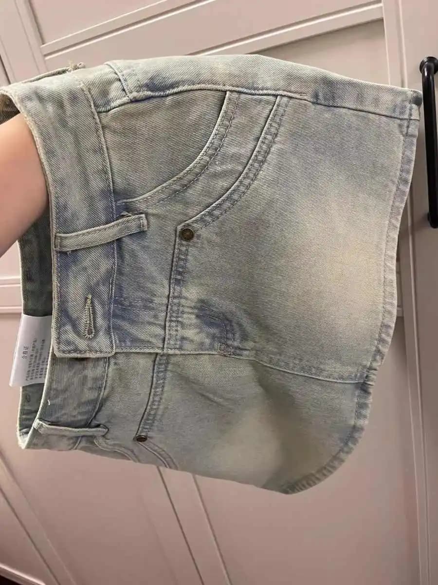 2025 Spring New Women High Belt Anti-exposure Short Dress Retro Fashion Streetwear Solid color Short A Word Denim Skirt