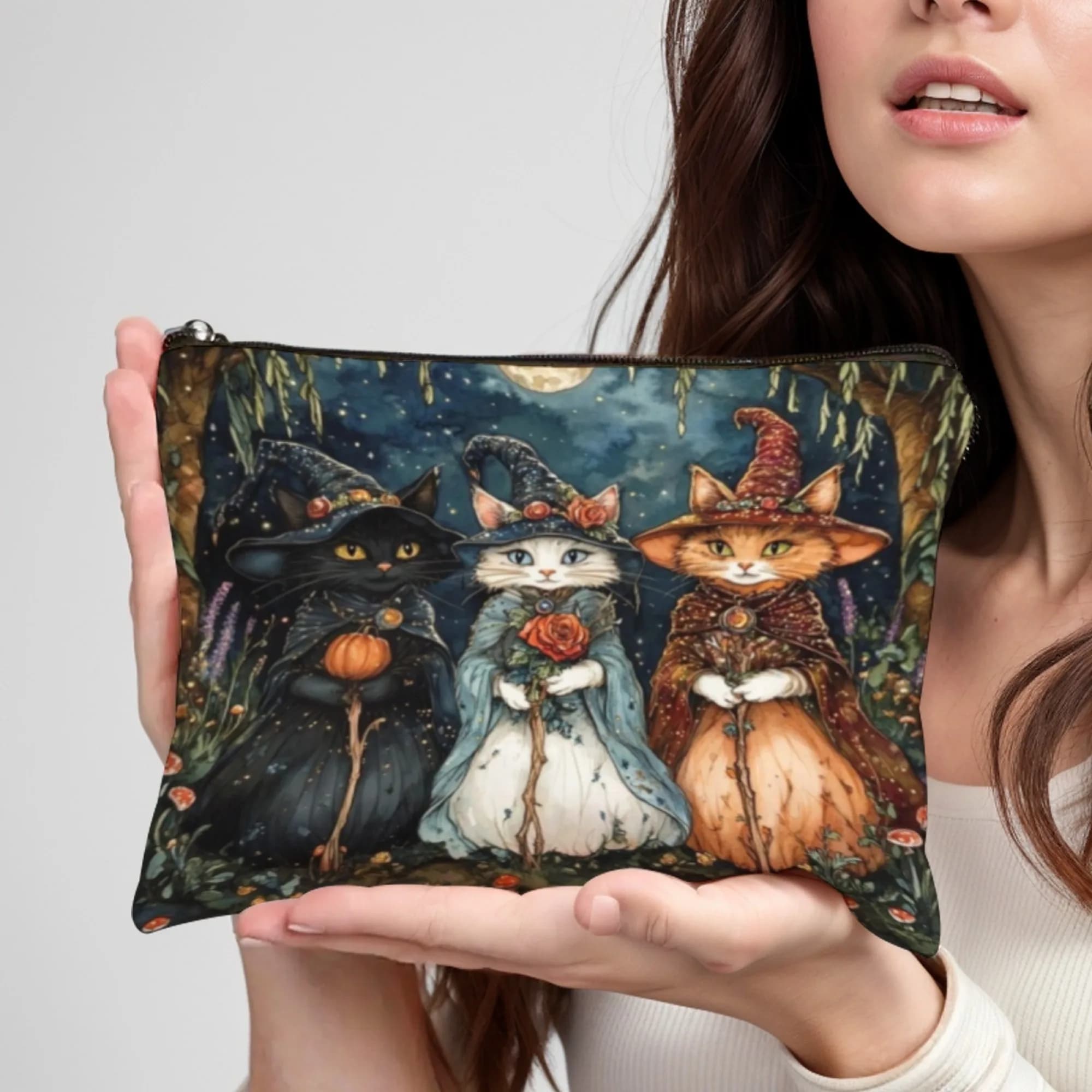 Divertenti sacchetti di tela per riporre gatti magici, profumo, rossetto, cosmetici, borsa da viaggio con cerniera, nuovo portafoglio, regalo spettrale di Halloween