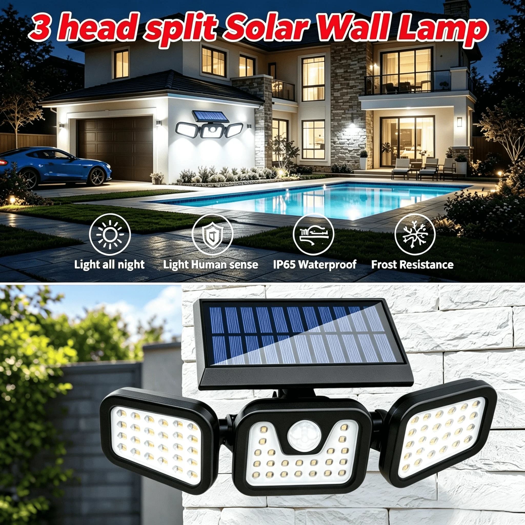 Lampada Solare LED da Esterno con Sensore di Movimento, Testa Regolabile, Impermeabile, Luce Solare a Tre Teste Adatta per Cortile, Garage