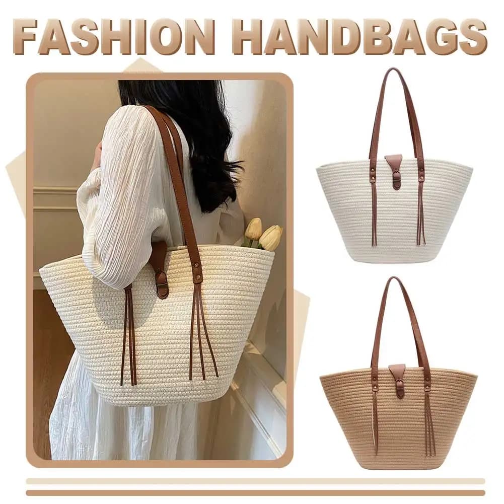 Women Rattan Knitting Beach Bag Large Capacity Casual Shoulder Bag Multifunctional Straw Tote Handbag Travel Vacation Bag