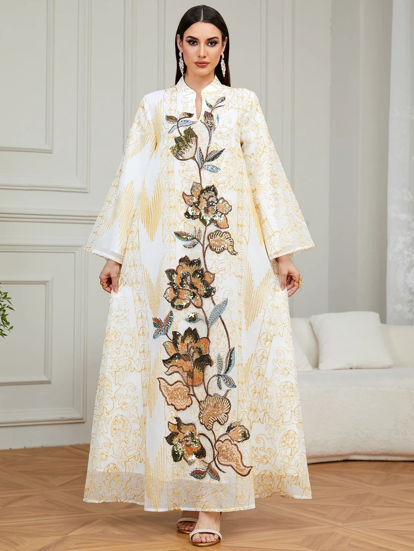 Abito Lungo Ricamato alla Moda con Paillettes, Stile Etnico, Vita Alta, Linea ad A, per Appuntamenti e Uso Quotidiano, Estate 2026