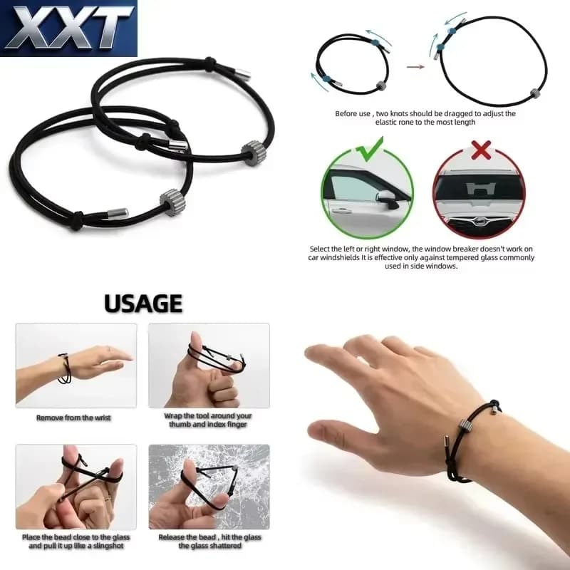 XXT 2xCar Window Breaker Bracelet Bead Auto Glass Breaking Wrist Strap Self Rescue Car Escape Hammer