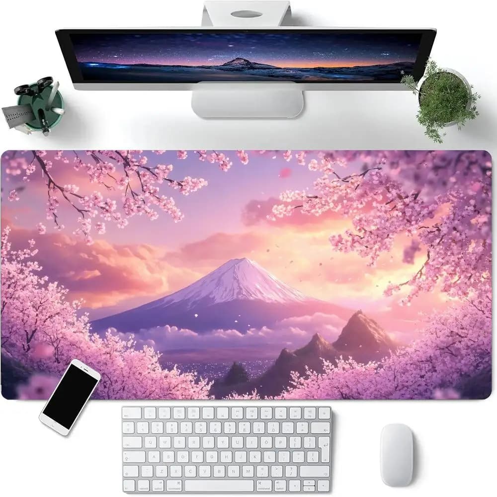 Extra Large Mount Fuji Cherry Blossom Desk Mat, Non-Slip Rubber Base Gaming Mouse Pad for PC Gamer Office Keyboard