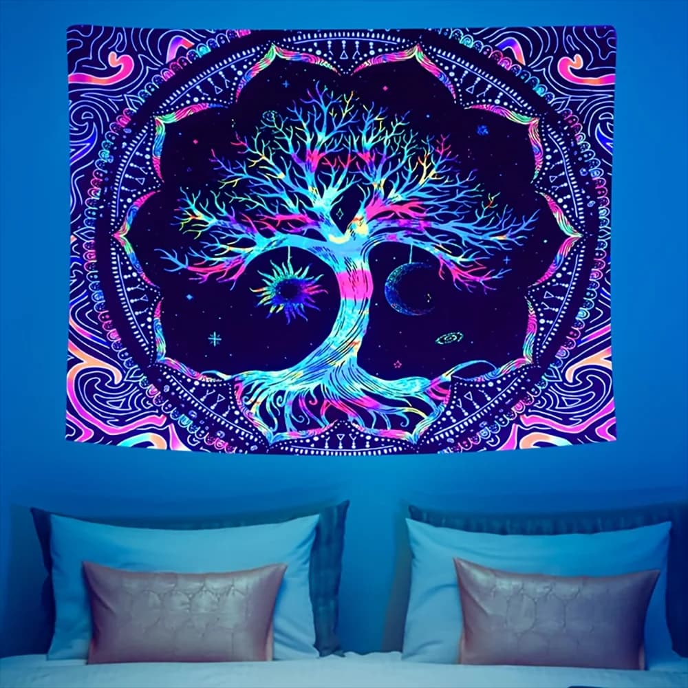 Blacklight Tree of Life Tapestry UV Reactive Mandala Bohemian Galaxy Wall Hanging for Bedroom Living Room Dorm Decor