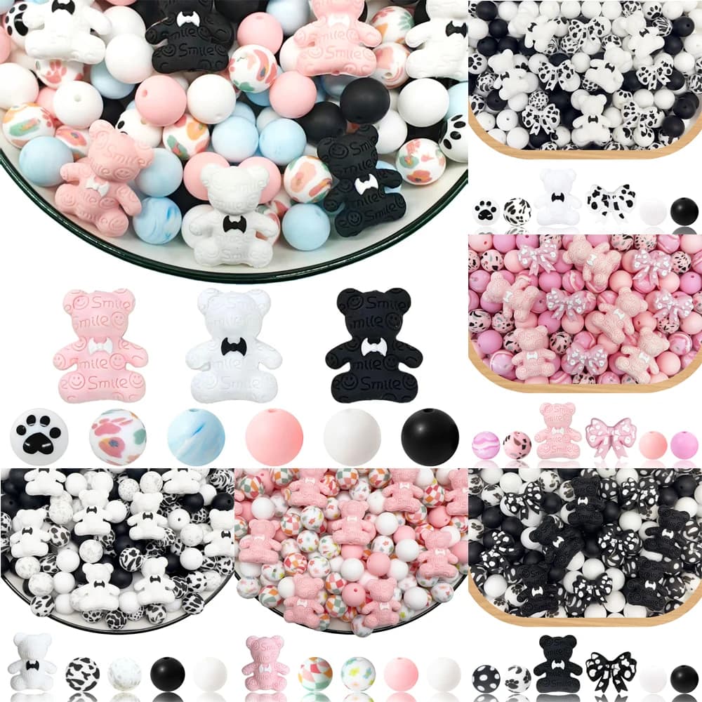 Set di perline in silicone serie Bow Bear da 25/32/53 pezzi, perfetto per lavori artigianali fai-da-te come portachiavi, collane, braccialetti, ecc.