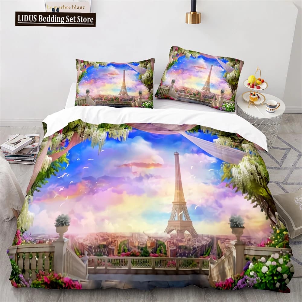 Paris Eiffel Tower Themed Duvet Cover Set City Landscape Sky Cloud Comforter Cover Home Decor Romantic Bedspread Cover King Size