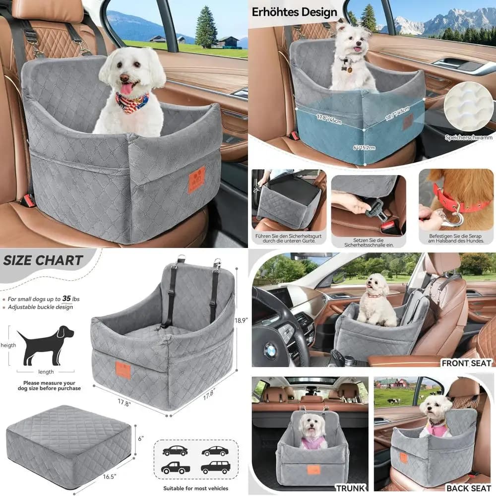 Seggiolino Auto Portatile per Animali Domestici con Cuscino e Vano Portaoggetti per Cani Sotto i 16 kg, Lavabile e Rimovibile con 2 Cinture di Sicurezza