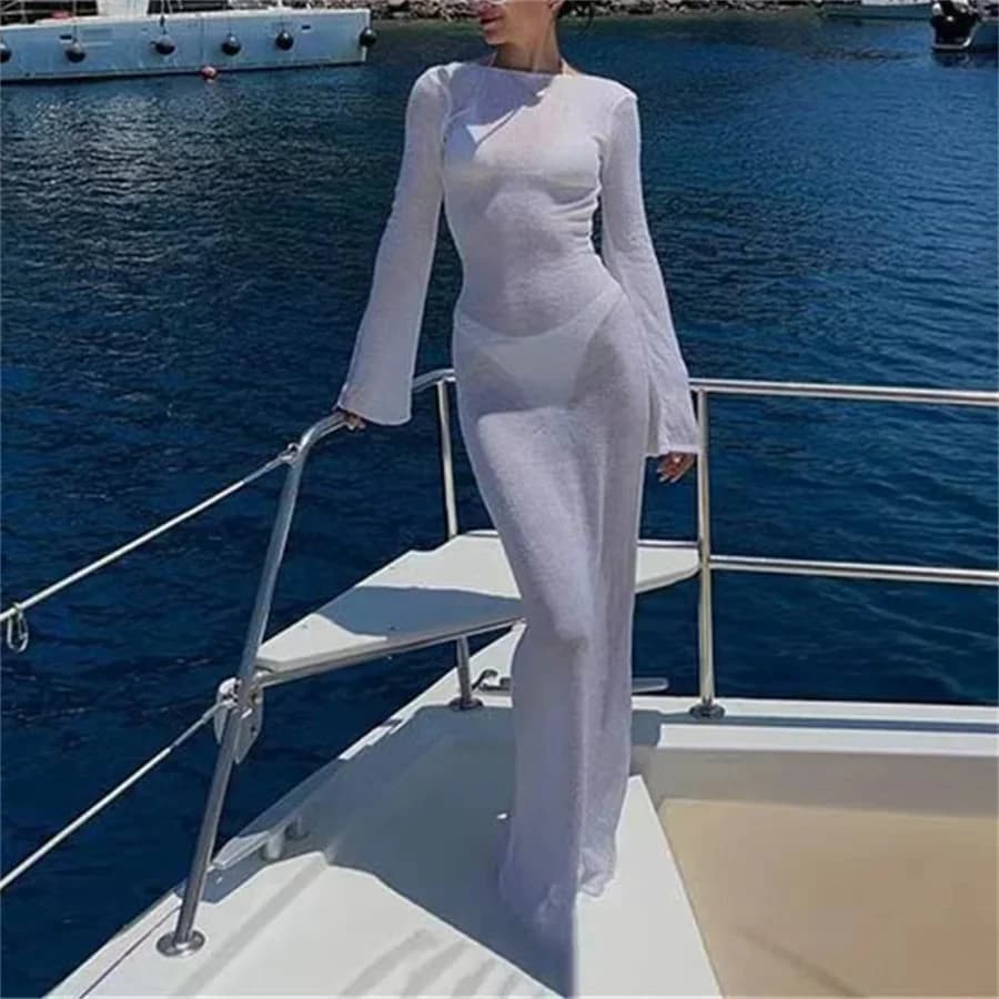 Abito estivo da donna avvolto in rete a maniche lunghe girocollo trasparente con protezione solare Abito lungo da spiaggia senza schienale in tinta unita