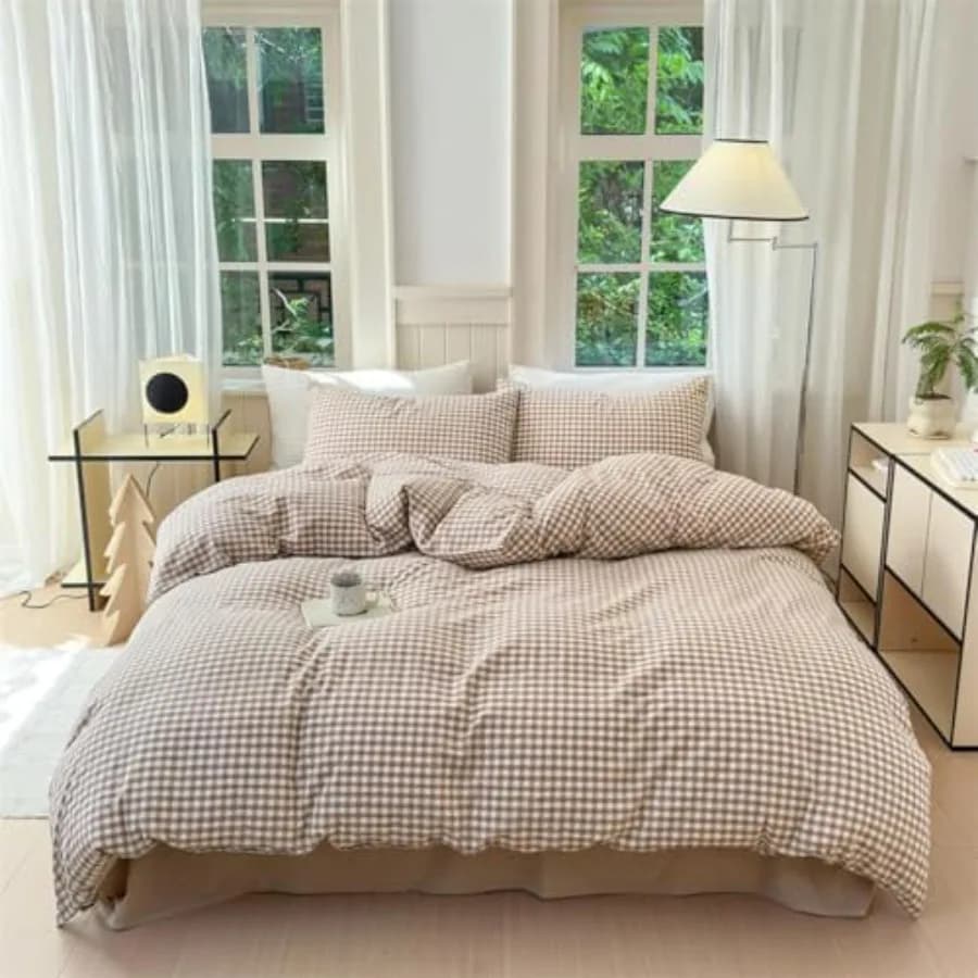 Copripiumino a Quadretti Marrone, Misura Queen, Set Biancheria da Letto a Quadri Bianco e Marrone, 3 Pezzi, Morbido e Leggero, Lavabile