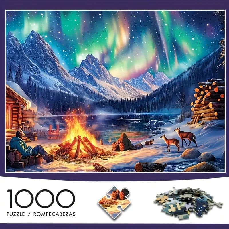 Puzzle con Scena di Falò Invernale e Aurora Boreale, Gioco Intelligente a Tema Natura per Adulti, Decorazione per Casa e Tempo Libero