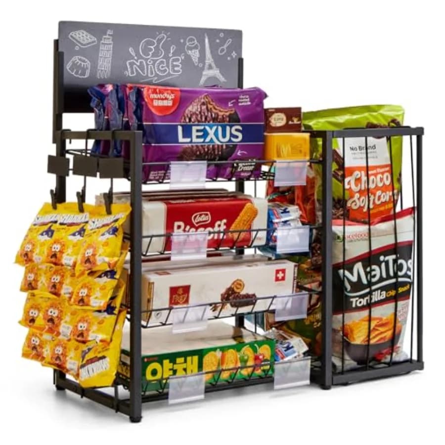 Espositore per snack da banco Scaffale in metallo a 4 livelli con cestelli profondi Espositore per caramelle e trucioli con porta etichette e clip